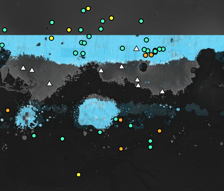 図２: NASAが作成した火星の推定水資源分布MARS WATER RESOURCE MAP によるSWIM MAP（氷を含む）.青部分が水資源の可能性を示唆する